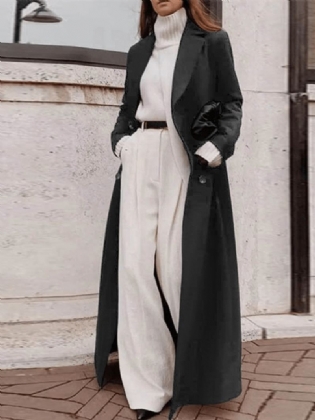 Kvinder Pure Color Lapel Langærmet Longline Button Casual Stilfuld Frakke