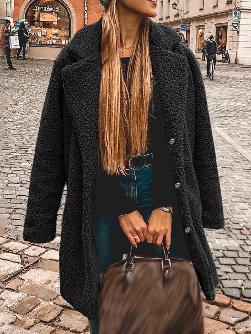 Kvinder Vinter Tyk Fleece Revers Mellemlængde Ensfarvede Varm Casual Frakke