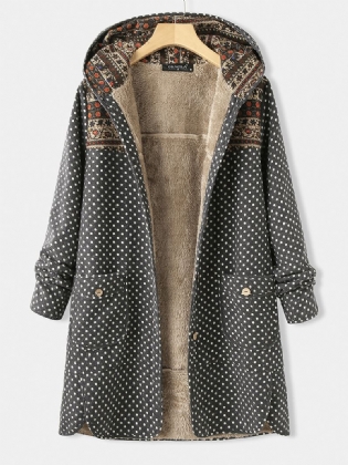 Polka Dot Langærmet Hætte Patchwork Fleece Side Pocket Coats Til Kvinder