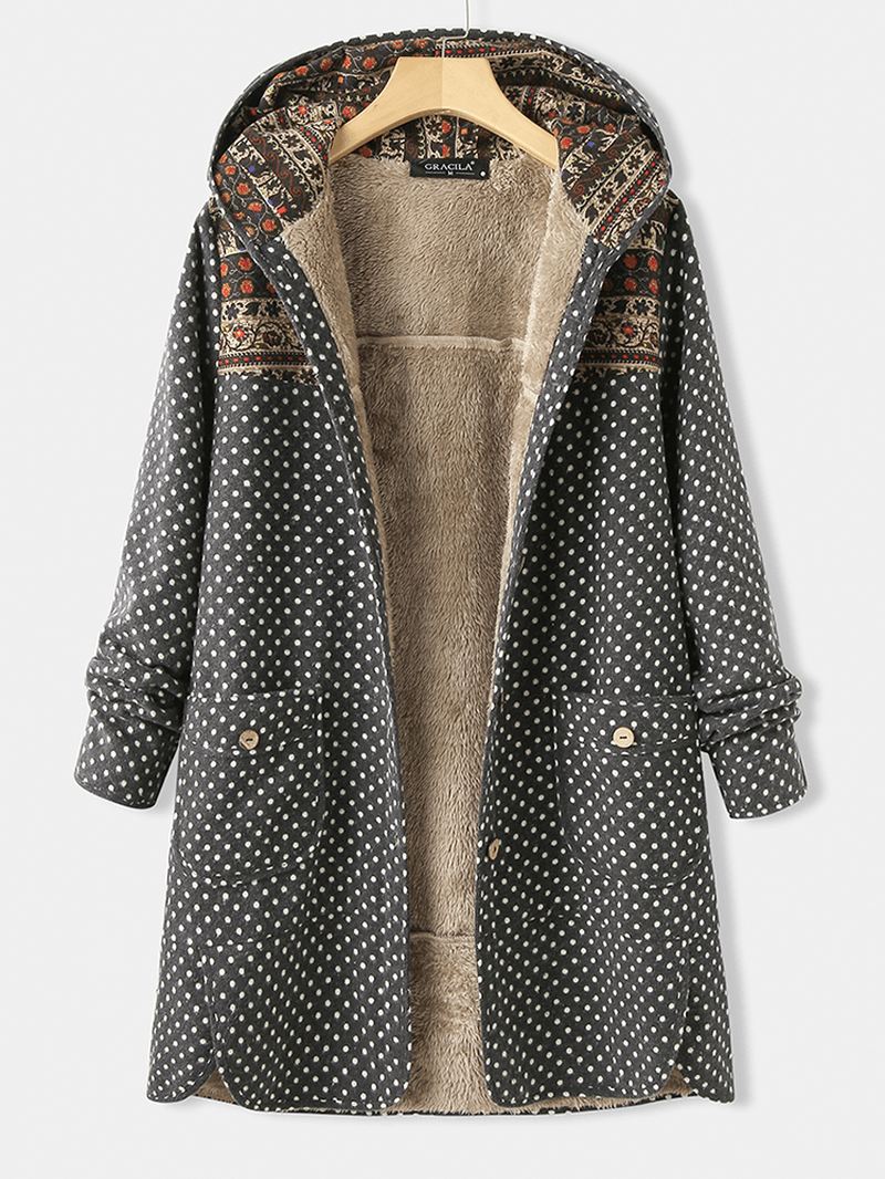 Polka Dot Langærmet Hætte Patchwork Fleece Side Pocket Coats Til Kvinder