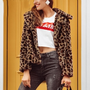 Streetwear Leopardprint Imiteret Pels Frakke Kvinder Blød Kort Vinterjakke Frakke Kvinde Afslappet Knaplomme Outwear 2018