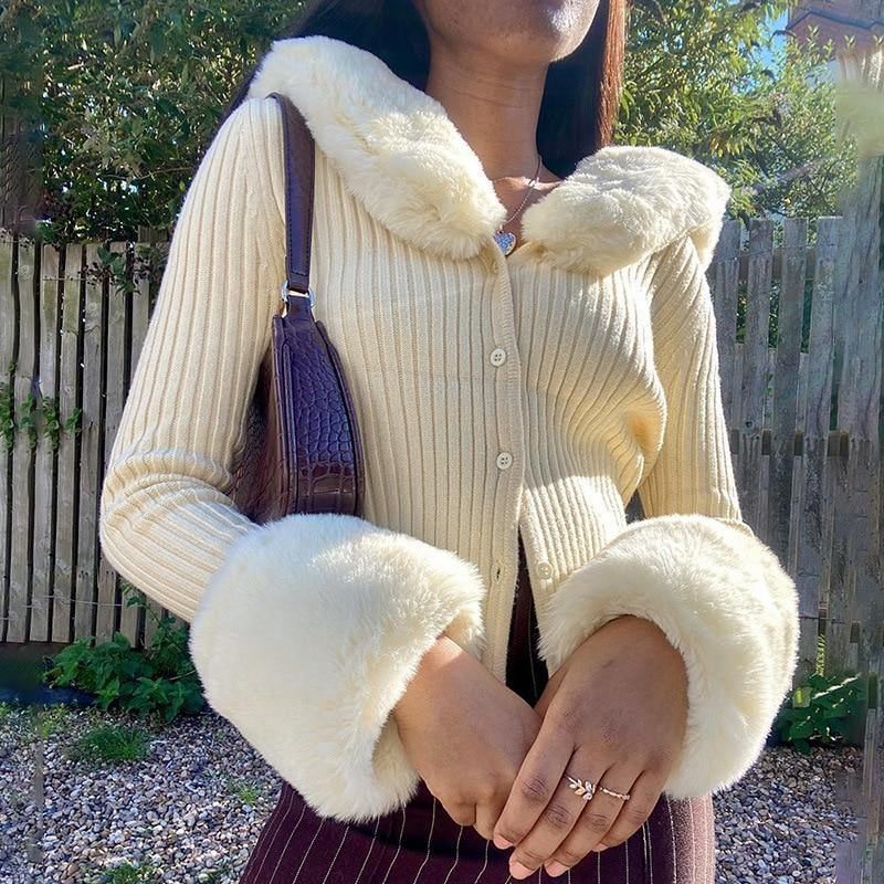 Vinter Fluffy Imiteret Pels Strikket Topfrakker Og Jakker Oversized Button Up Langærmede Overfrakker Varme Toppe