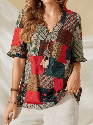 100% Bomuld Patchwork Printet Afslappet Bluse Til Kvinder