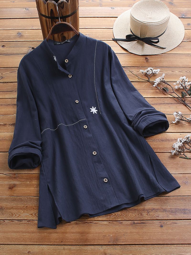 Blomsterbroderet Split Langærmet Vintage Bluse