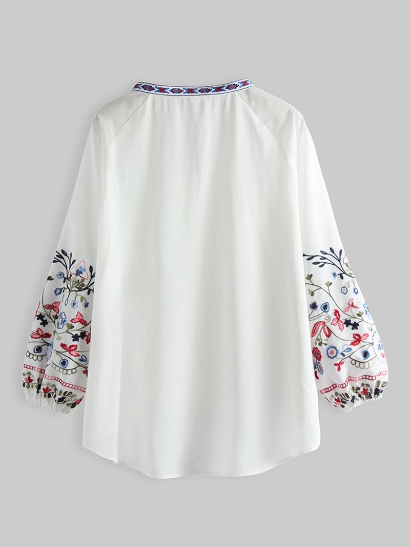 Blomsterbroderi V-hals Snøre Manchetter Casual Bluse