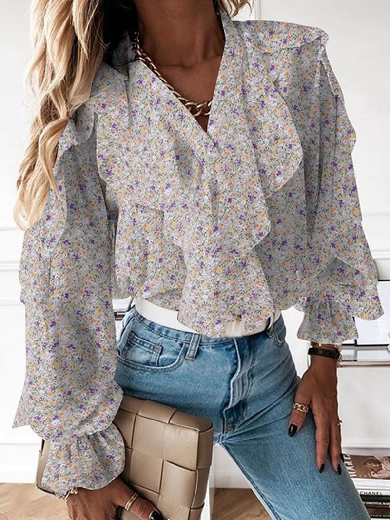 Blomsterprint V-hals Afslappet Flæseærmet Knap Casual Bluser Til Kvinder