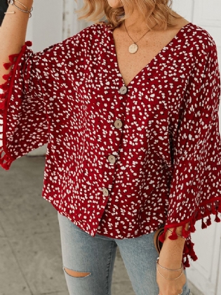 Bohemian Polka Dot Med Tryk Floral V-hals Casual Tassel Bluse