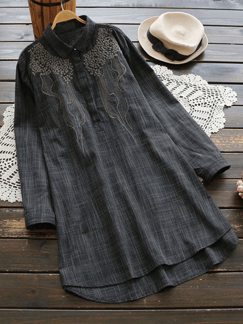 Broderi Stripe Lapel Langærmet Uregelmæssig Vintage Bluse