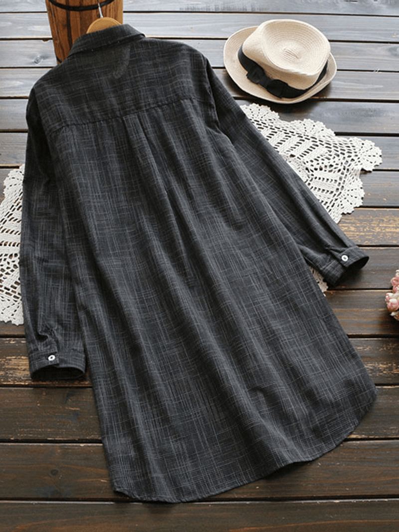 Broderi Stripe Lapel Langærmet Uregelmæssig Vintage Bluse
