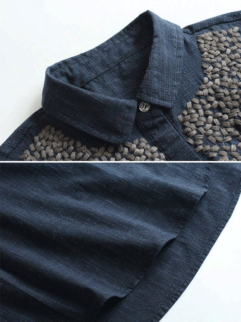 Broderi Stripe Lapel Langærmet Uregelmæssig Vintage Bluse