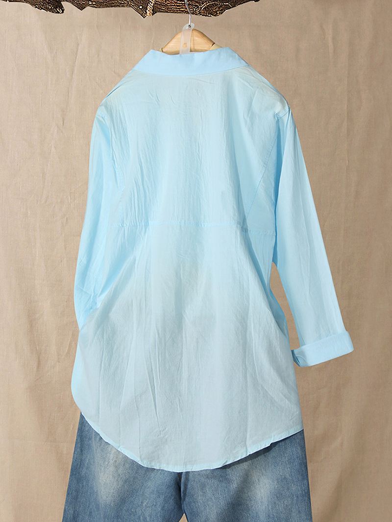 Casual Ensfarvede Lommer Med Langærmet Basic Bluse