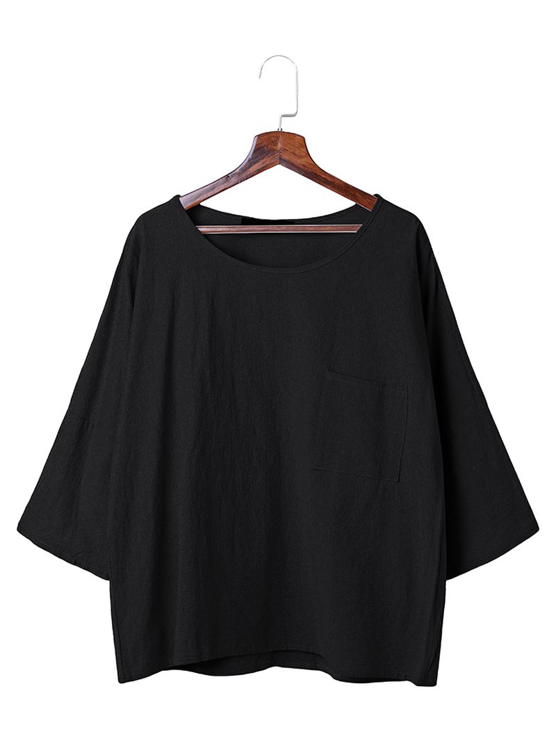 Casual Kvinder Pure Color Pocket 3/4-ærmet Bomuldstoppe