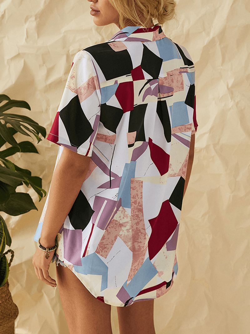 Geometrisk Patchwork Skjorter Med Knaptryk Til Kvinder