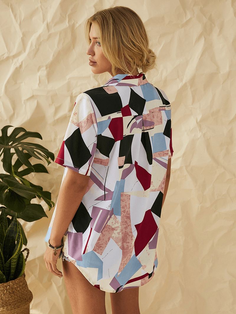 Geometrisk Patchwork Skjorter Med Knaptryk Til Kvinder