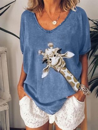 Giraf Med Tryk V-hals Kvinder Casual Løs Bluse