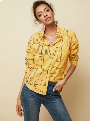 Kat Med Tryk Lapel Langærmet Løs Casual Bluse Til Kvinder