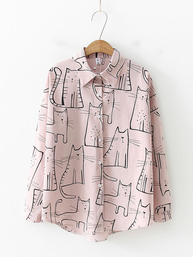 Kat Med Tryk Lapel Langærmet Løs Casual Bluse Til Kvinder