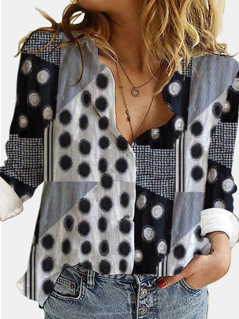 Kvinder Blandet Polka Dot Printet Patchwork Langærmet Revers Casual Stilfuld Bluse