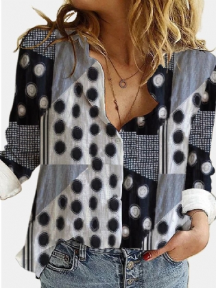 Kvinder Blandet Polka Dot Printet Patchwork Langærmet Revers Casual Stilfuld Bluse