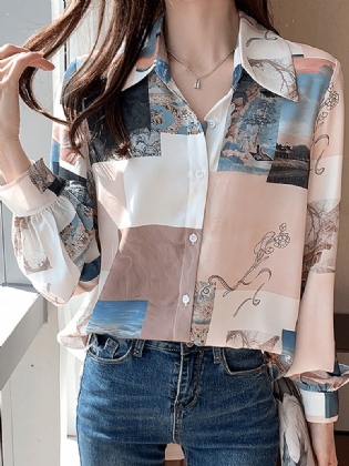 Kvinder Blok Landskab Med Tryk Langærmet Lapel Casual Bluse