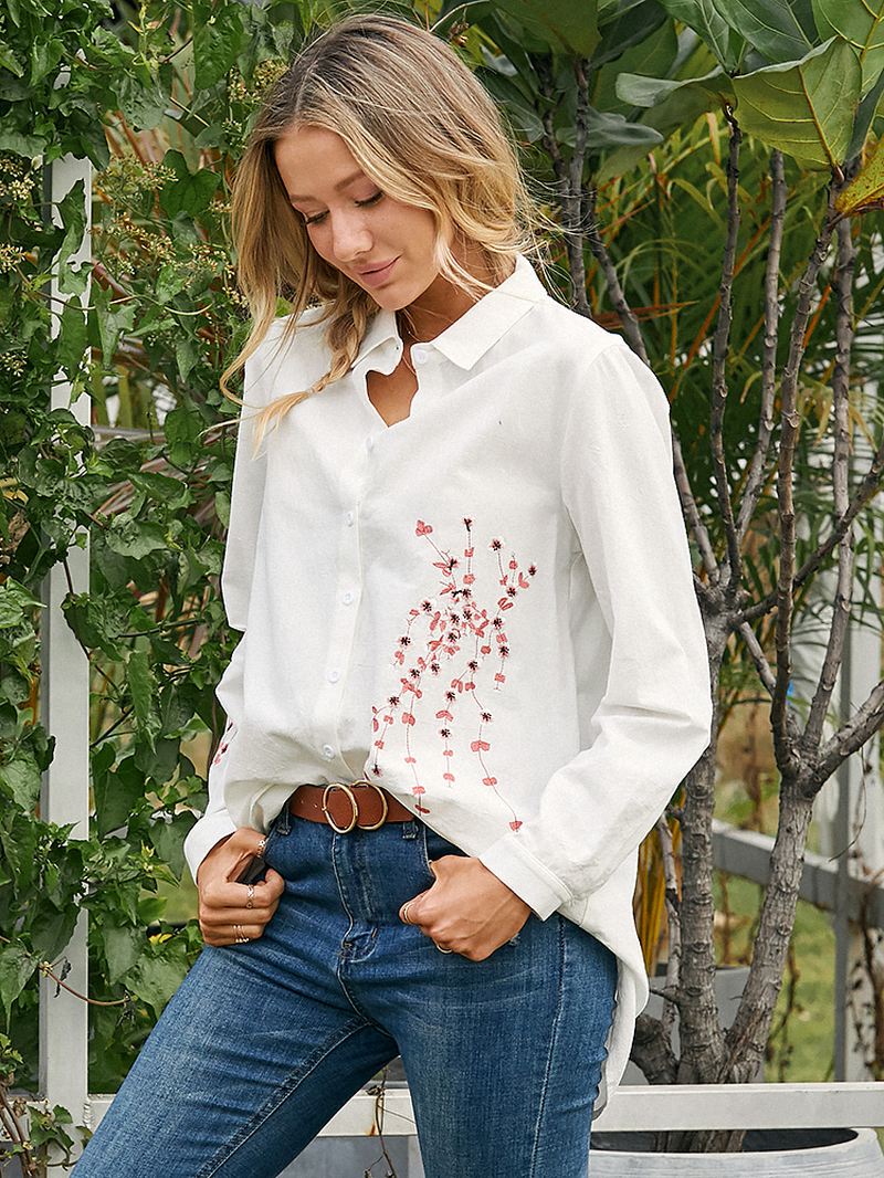 Kvinder Blomsterbroderi Lapel Høj Lav Hem Casual Langærmet Bluse