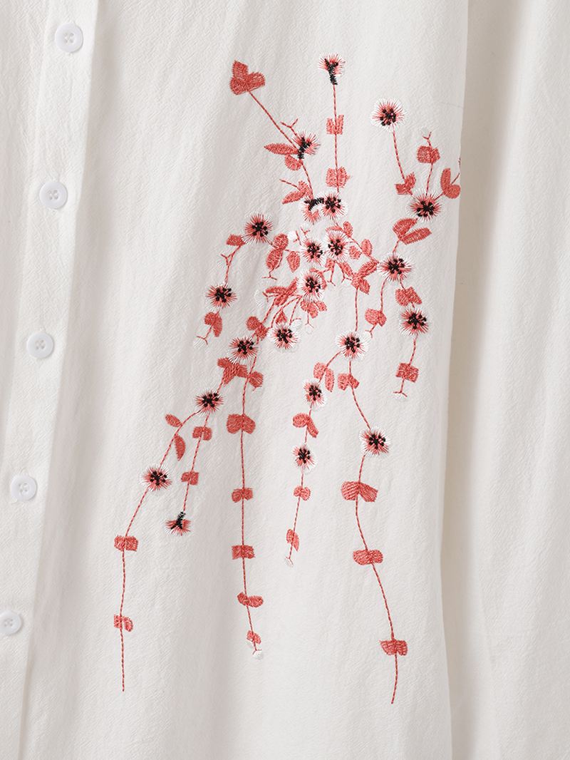 Kvinder Blomsterbroderi Lapel Høj Lav Hem Casual Langærmet Bluse