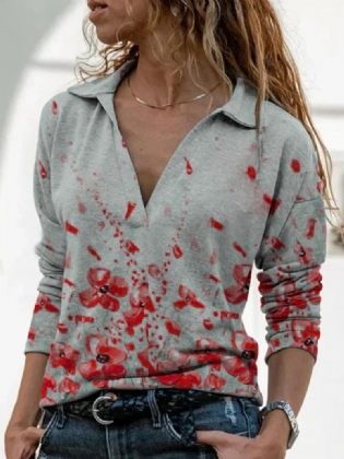 Kvinder Blomsterprint Lapel Plunge Casual Langærmede Bluser