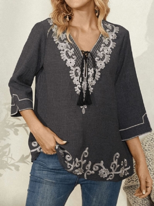 Kvinder Blomsterprint Vintage V-hals Knotted 3/4 Ærmet Afslappet Bluse