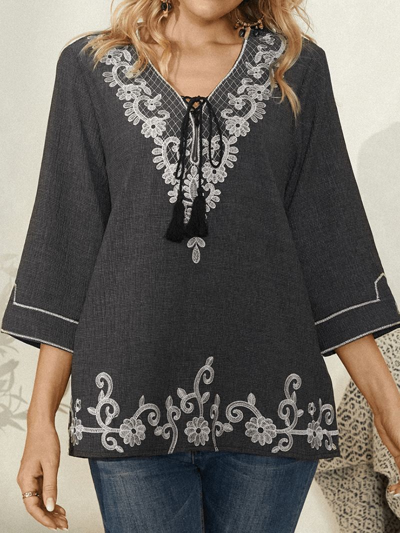Kvinder Blomsterprint Vintage V-hals Knotted 3/4 Ærmet Afslappet Bluse
