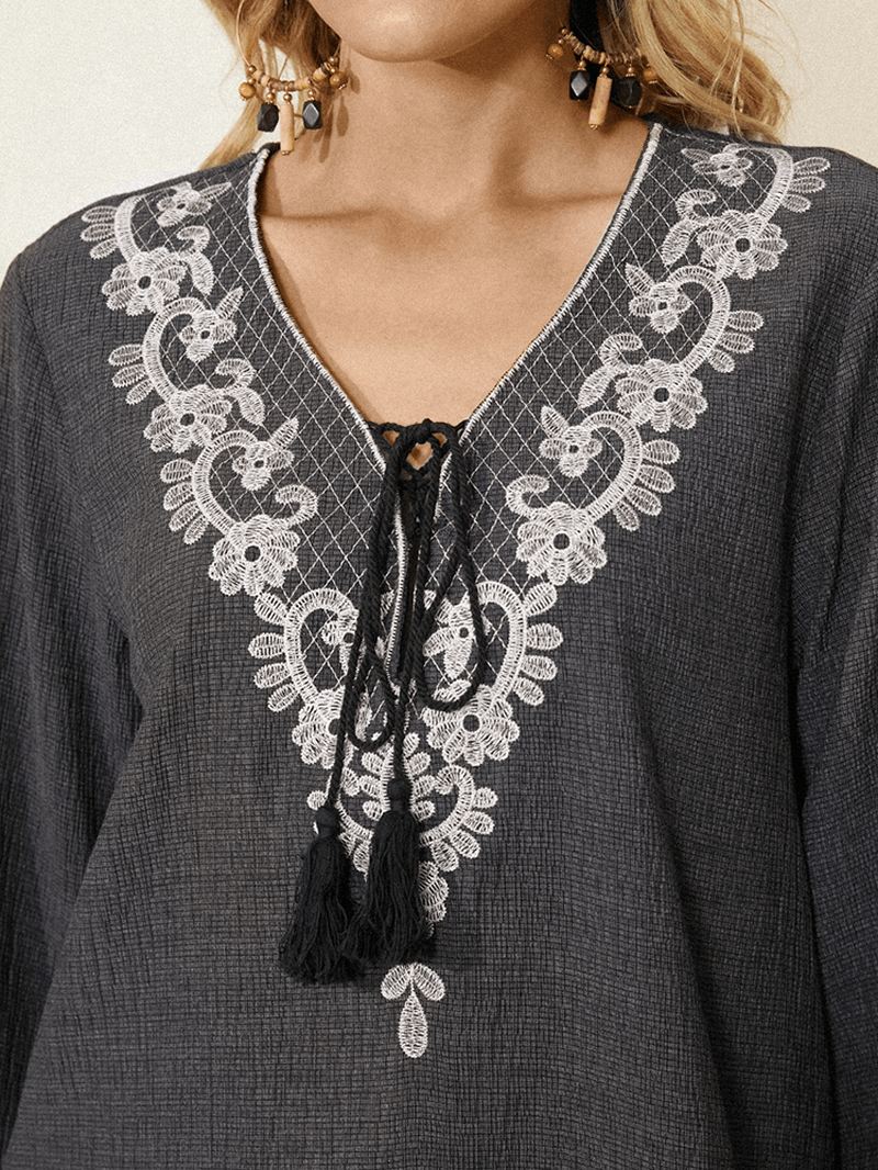 Kvinder Blomsterprint Vintage V-hals Knotted 3/4 Ærmet Afslappet Bluse