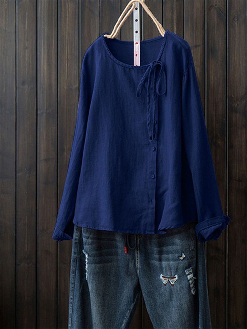 Kvinder Button Vintage Bluse I Bomuld Med Rund Hals