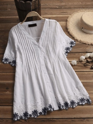 Kvinder Casual Broderet V-hals Blonde Kortærmet Bluse