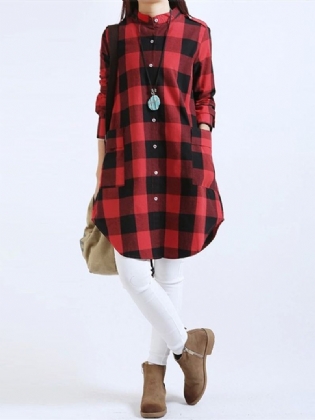 Kvinder Casual Langærmet Plaid Løs Pocket Button Lange Bluser