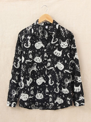 Kvinder Casual Tegneserie Kat Funny Med Tryk Turn-down Collar Langærmede Button Shirts