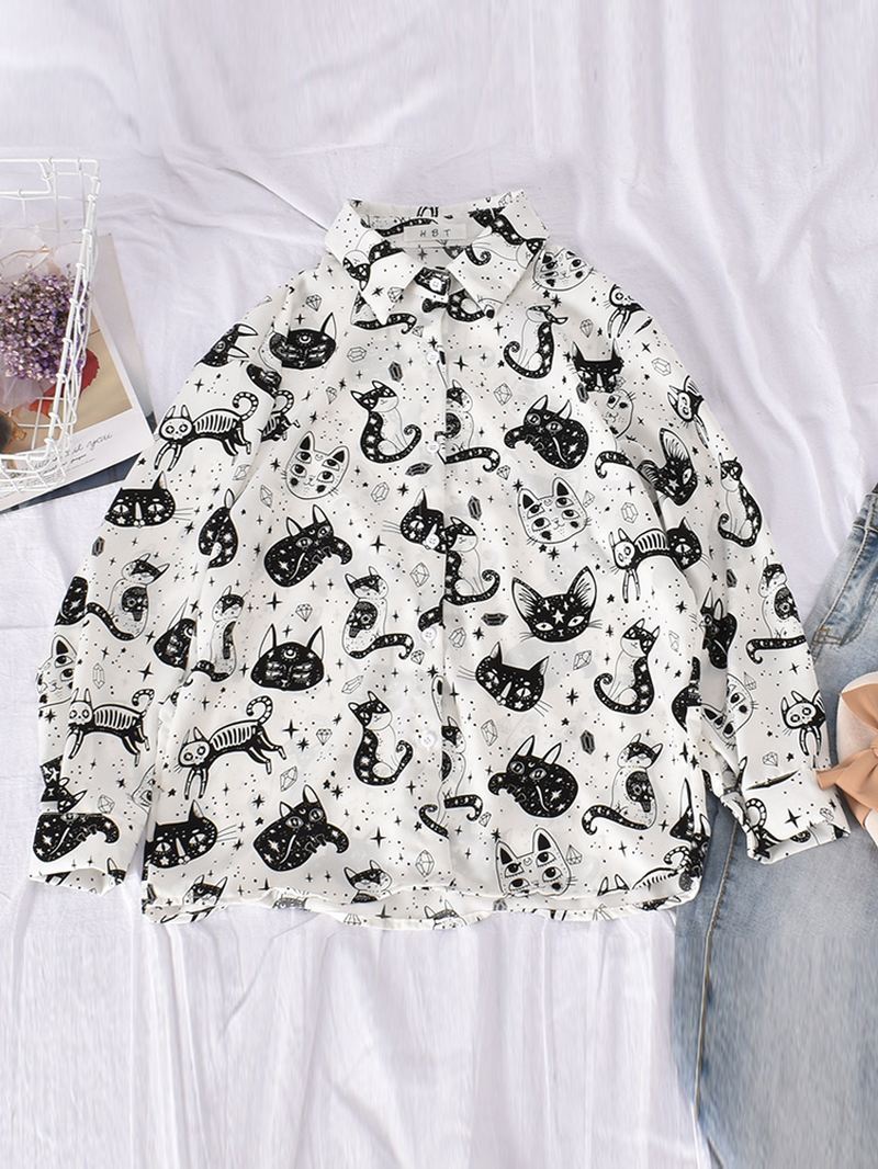 Kvinder Casual Tegneserie Kat Funny Med Tryk Turn-down Collar Langærmede Button Shirts