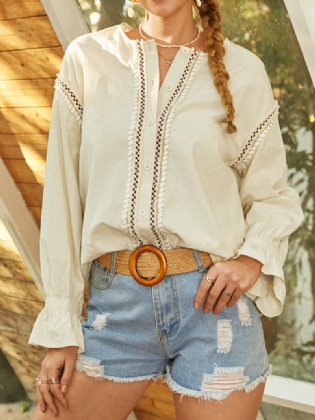 Kvinder Etnisk Stil Patchwork Dropped Shoulder Puff Sleeve Casual Bluse