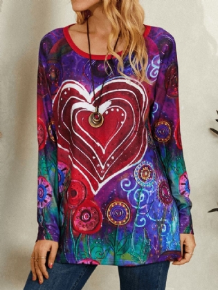 Kvinder Graffiti Hjerte Blomsterprint Rund Hals Afslappet Langærmet T-shirt