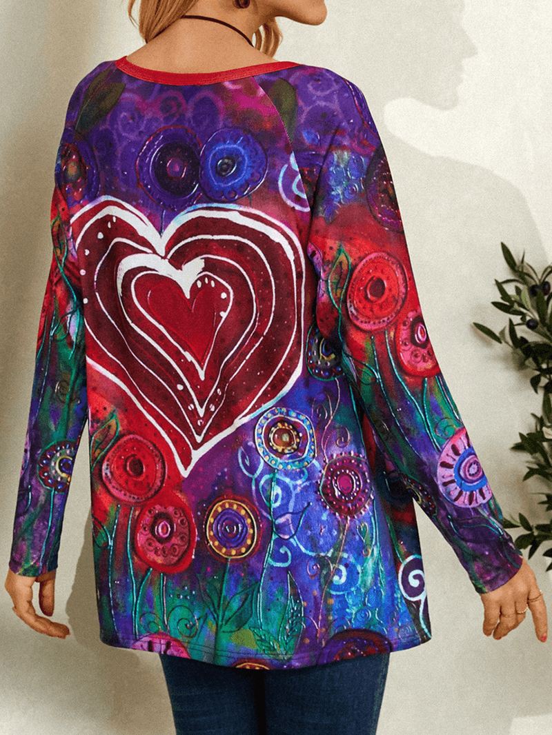 Kvinder Graffiti Hjerte Blomsterprint Rund Hals Afslappet Langærmet T-shirt