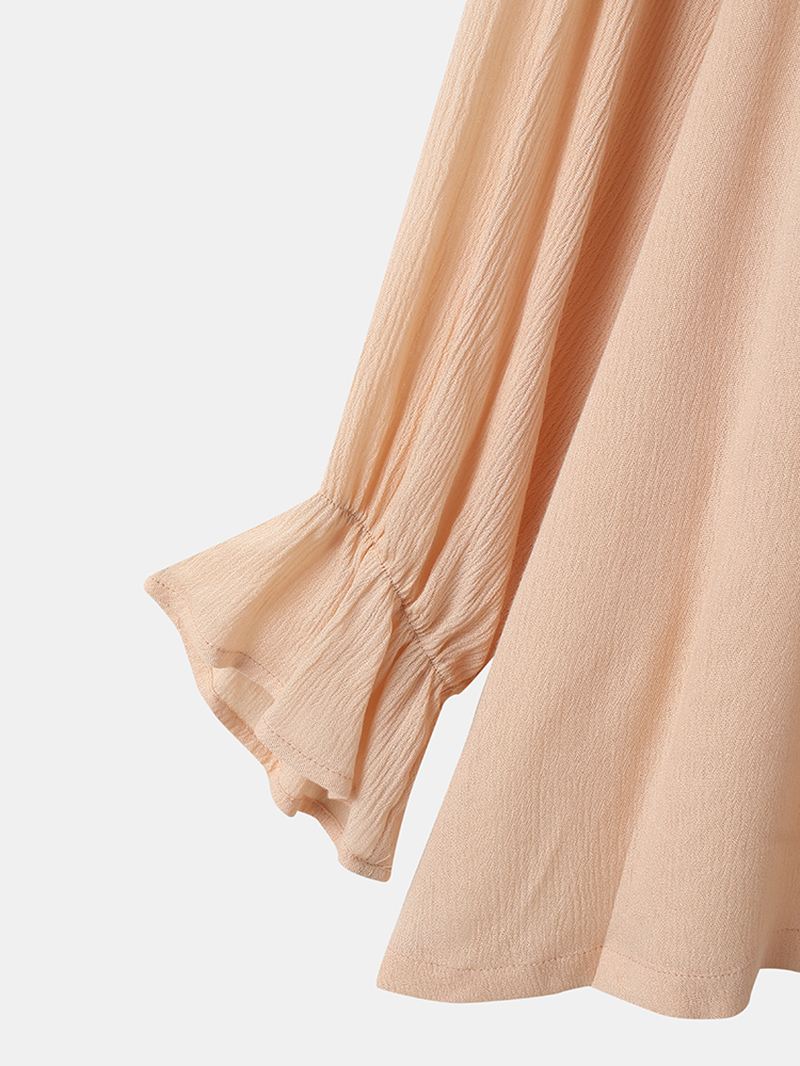 Kvinder Kvast Trim V-hals Plain Puff Sleeve Buet Hem Casual Bluse