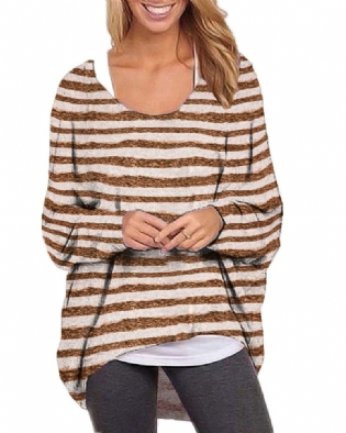 Kvinder Langærmet O-hals Stripe Baggy Høj Lav Hem Casual Bluse