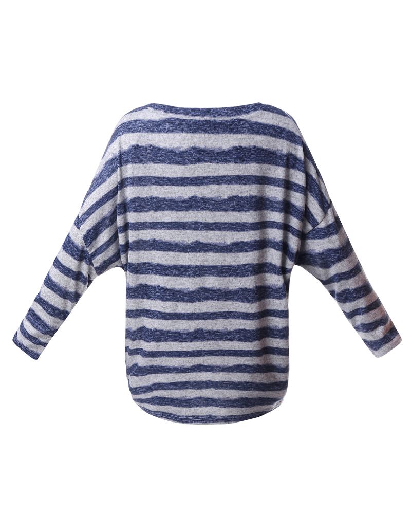 Kvinder Langærmet O-hals Stripe Baggy Høj Lav Hem Casual Bluse