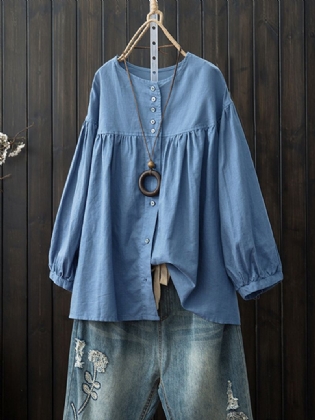 Kvinder Langærmet Rund Hals Button Down Bomuldsbluse