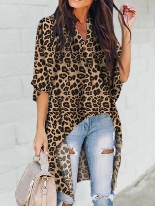 Kvinder Leopard Med Tryk Uregelmæssig Hem V-hals Casual Bluse
