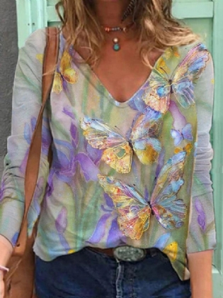 Kvinder Multi-farve Blomster Sommerfugle Med Tryk V-hals Langærmet Afslappet Bluse