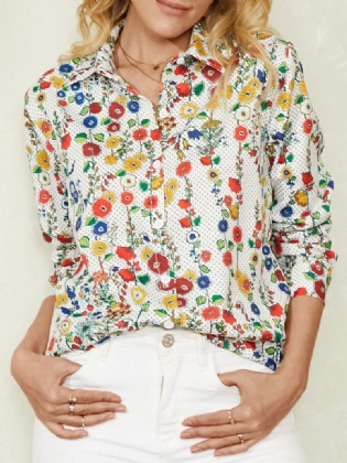 Kvinder Over Det Hele Med Blomsterprikketryk Revers Vintage Langærmede Skjorter
