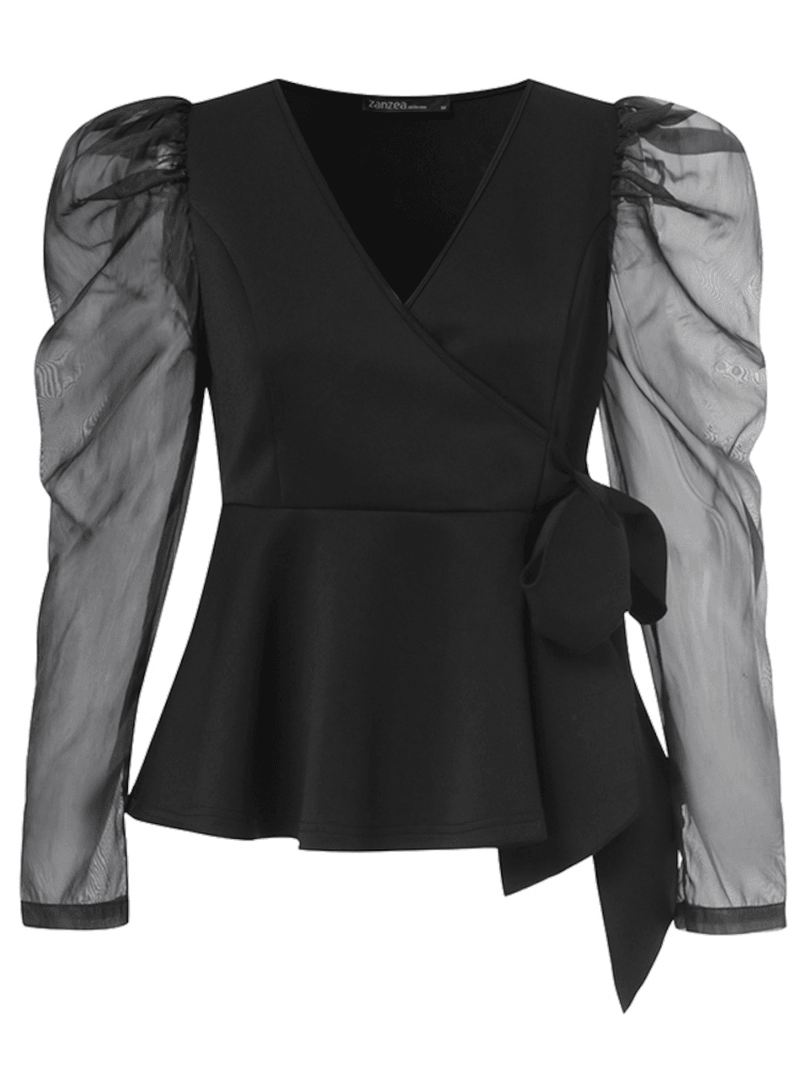 Kvinder Puff Sleeve Solid Loose Lace-up Almindelig V-hals Bluse