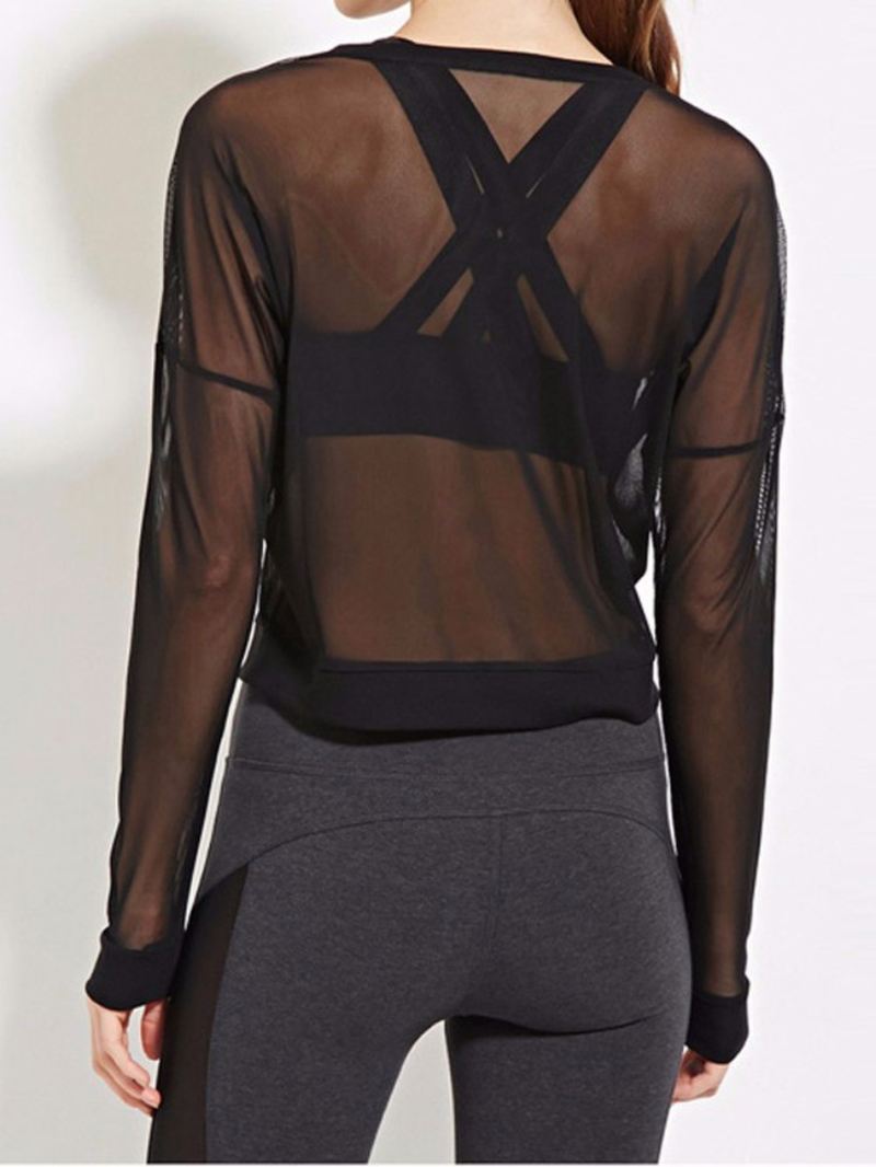 Kvinder Sort Mesh Gennemsigtig Langærmet Skjorte Casual Bluse