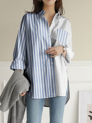 Kvinder Striber Patchwork Høj Lav Split Hem Casual Langærmede Skjorter