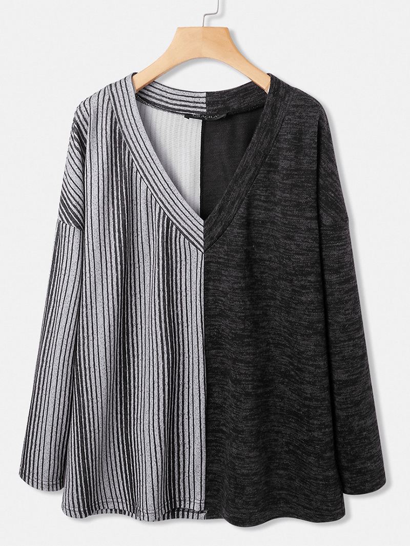 Kvinder Stribet Med Tryk Patchwork V-hals Langærmet Afslappet Bluse