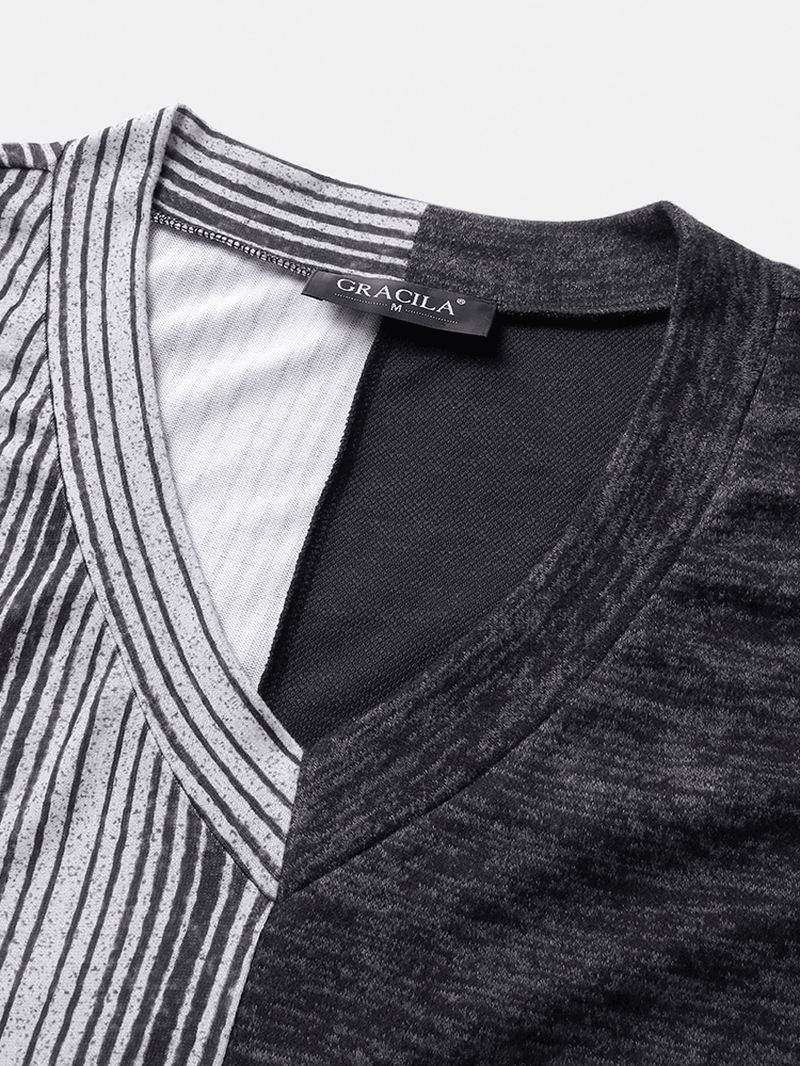 Kvinder Stribet Med Tryk Patchwork V-hals Langærmet Afslappet Bluse